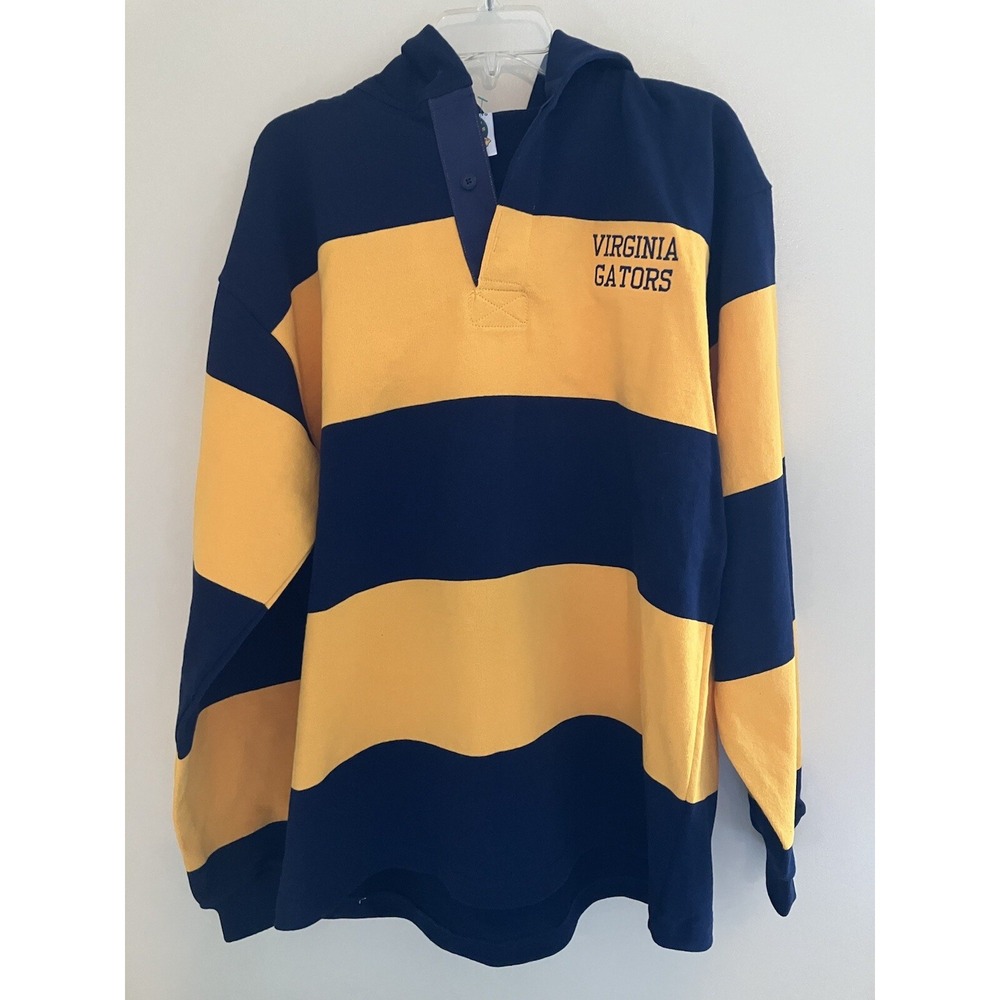 Barbarian Hooded‎ Rugby Shirt S Multicolor Striped Navy Blue Yellow NWT